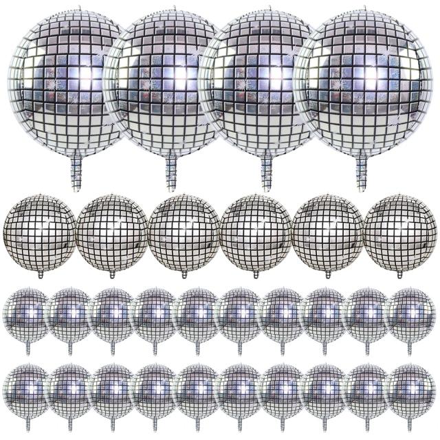 Balões Espelhados Prata em Formato de Disco Ball para Festas de Dança e Decorações de Aniversário - Disponíveis em 10, 15, 22 e 30 Polegadas com 30 Peças