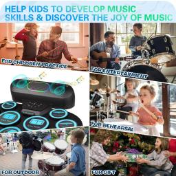Conjunto de bateria eletrônica para crianças e adultos, 9 almofadas, kit de bateria portátil MIDI Roll-up, alto-falantes duplos, fone de ouvido, baquetas, pedais - Image 6