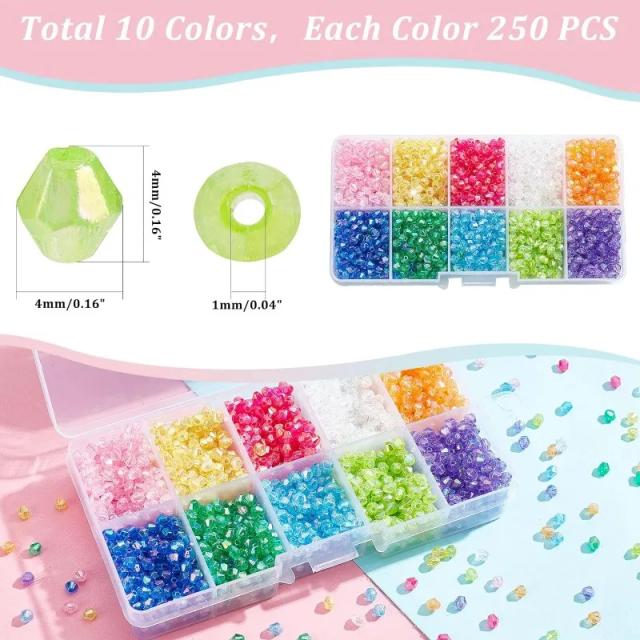 2500 Contas Acrílicas Facetadas 4mm em 10 Cores para Artesanato - Variedade de Contas Bicone e Contas de Semente