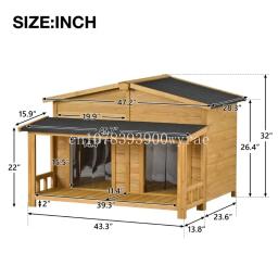 Grande casa de cachorro de madeira, caixa, estilo cabine com varanda, exterior e interior, 2 portas, 47,2 em - Image 2