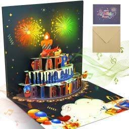 Cartões de aniversário com luzes e som, 3D, pop-up, fogos de artifício, cartões para mulheres e crianças - Image 1