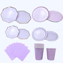 Talheres descartáveis para gênero revelam festa, placas e copos de papel, aniversário e decoração do casamento, Baby Shower Supplies, roxo e dourado - Image 1