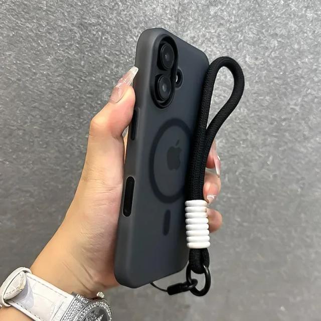 Capa Magsafe com Cordão Colorido para iPhone 16 Pro Max 15 14 Plus 13 12 11 - Alça de Pulso Fosca