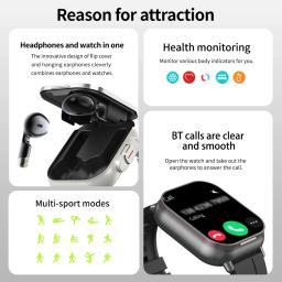 Esportes relógio inteligente sem fio, fone de ouvido bluetooth, chamando monitor de saúde, fitness registro, TWS, 2 em 1 - Image 6