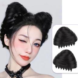Bun de cabelo sintético coreano para mulheres, preto, marrom, reto, grampo, extensão do cabelo, hairpieces para mulheres, chignons de orelha de gato, 2pcs - Image 1