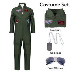 Fato de piloto da força aérea para adultos e crianças, macacão piloto, figurino, vestido com acessórios de aviador, verde exército masculino, militar - Image 6