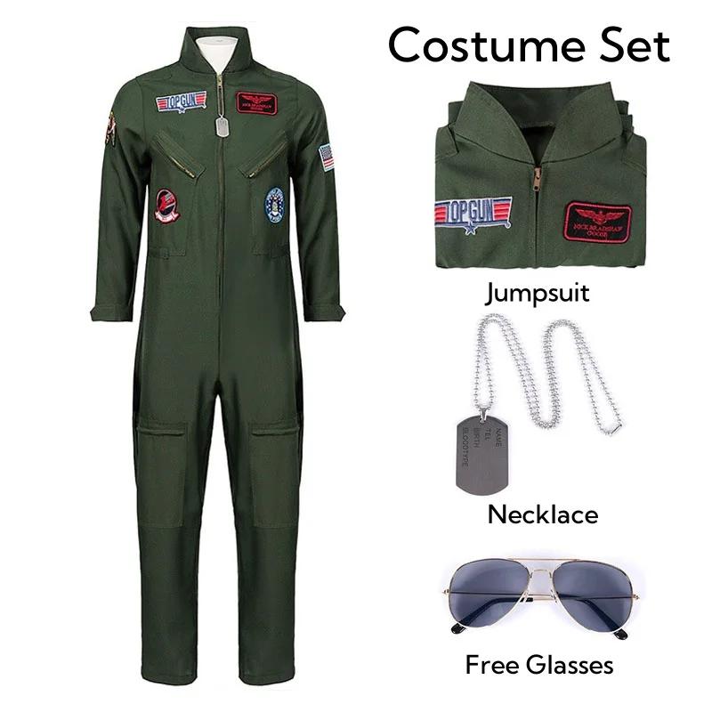 Fato de piloto da força aérea para adultos e crianças, macacão piloto, figurino, vestido com acessórios de aviador, verde exército masculino, militar - Image 1