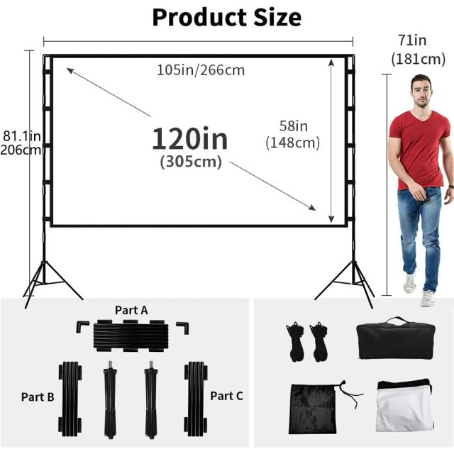 Tela de Projetor Dobrável com Suporte Triplo - Branco Macio, Menos Vincos, Disponível em 60, 84, 100 e 120 Polegadas e Saco de Transporte para Uso ao Ar Livre