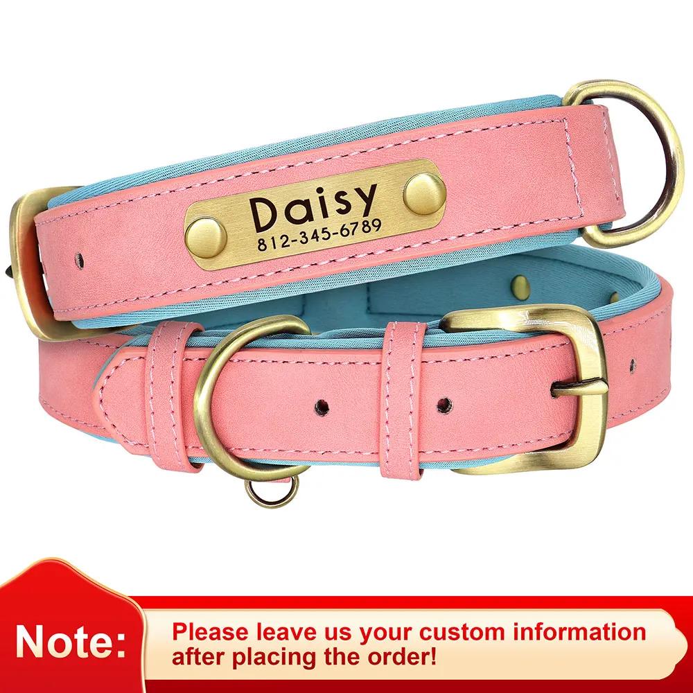 Personalizado Couro ID Nameplate Dog Collar, macio acolchoado Cães Coleiras, Gravura Livre Nome para Pequenas Médias Grandes Cães, ajustável - Image 1