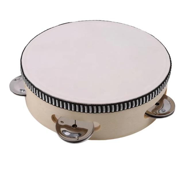 Tambor de Mão Tamborim de Pele de Ovelha com Moldura de Madeira e 4 Pares de Jingles - Instrumento Musical de 6"