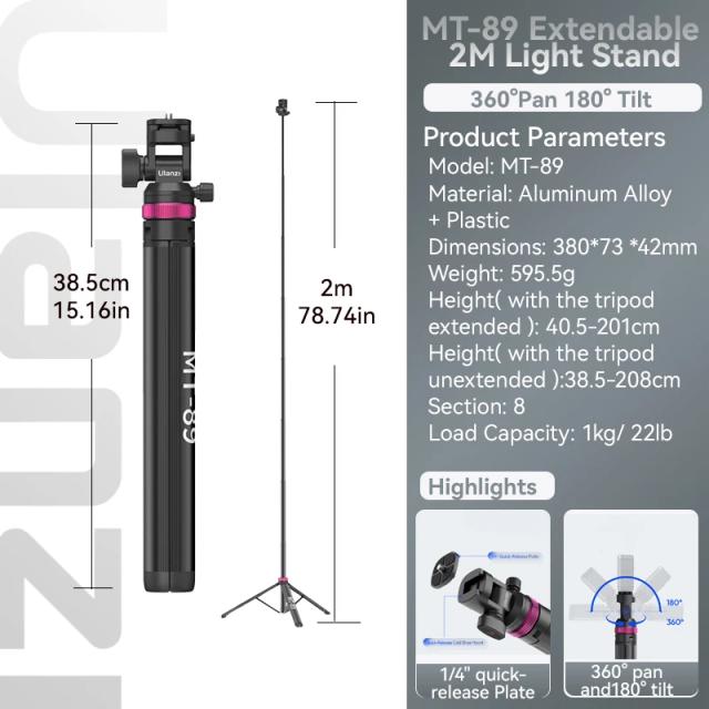 Suporte Universal Ulanzi-MT-79 para Câmera e Smartphone com Luz, 2m e Parafuso 1/4" para Vídeos Profissionais