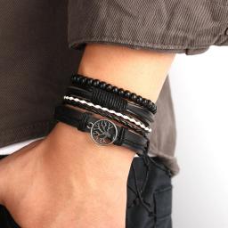 Bracelete de couro Tree of Life, acessórios masculinos para ligas, 4 combinações, miçangas de madeira, ornamento tecido à mão - Image 5