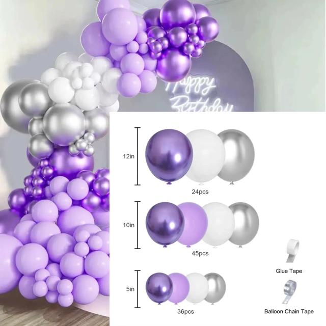 Conjunto Completo de Arco de Balões Metálicos em Prata e Roxo para Decoração de Casamentos, Noivados e Aniversários