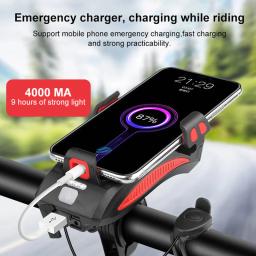 4 em 1 multi-função bicicleta luz, lanterna, buzina, alarme, sino, suporte do telefone, banco de potência, acessórios de bicicleta, ciclismo luz frontal - Image 4