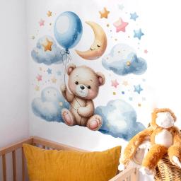 Adesivos de parede para quarto infantil, decoração do quarto do bebê, decalques de parede, aquarela, desenhos animados, ursinho de pelúcia, nuvem, estrelas, balão - Image 2