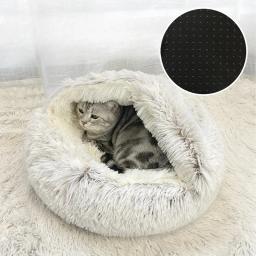 Almofada de pelúcia redonda para animais de estimação, cesta quente, saco de dormir, ninho de gato, canil, casinha, inverno, 2 em 1 - Image 4