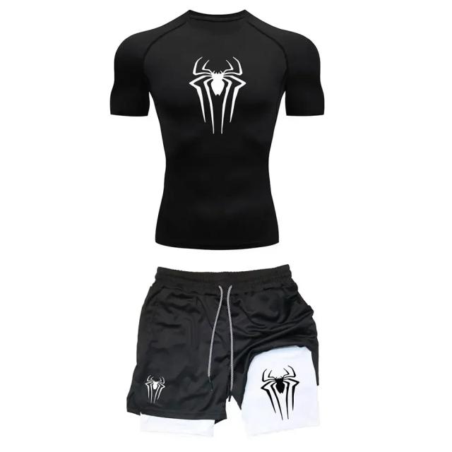 Conjunto de compressão de treino masculino y2k aranha impresso ginásio camisetas respirável correndo shorts secagem rápida esportes rash guard sportwear conjunto