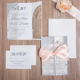 (50 peças/lote) cartão de convite de design de porta de casamento de corte a laser personalizar impressão prata glitter festa cartões de convite ic140 - Image 2