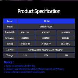 Memória Ram Netac DDR4 32GB 16GB 8GB Memoria RAM DDR4 3200MHz 3600MHz DDR5 4800MHz XMP2.0 Dual Channel para placa-mãe AMD Intel - Image 6