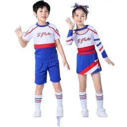 Fato de torcida azul manga comprida feminino, roupa de dança cheerleader, estilo retalhamento decote redondo, uniforme pompons para crianças, menina - Image 3