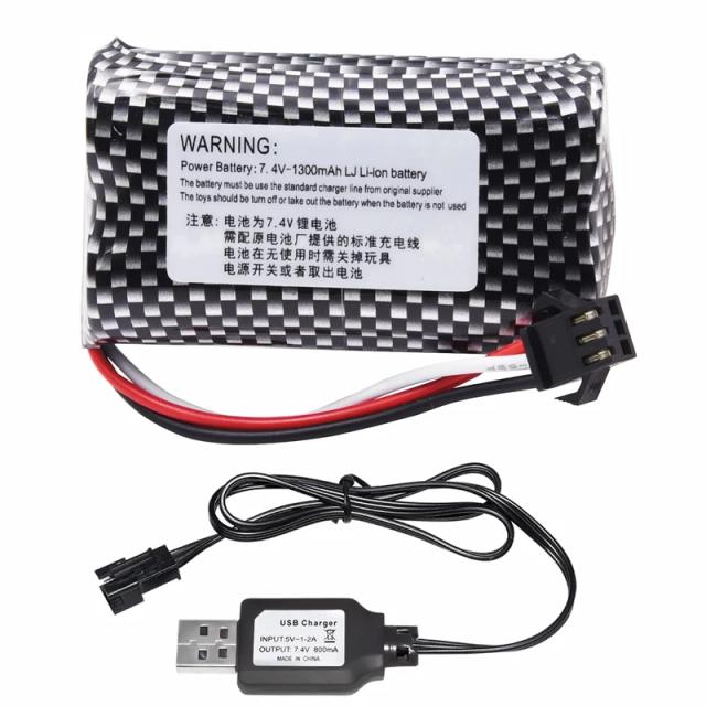 Bateria Li-ion Recarregável 7.4V 1300mAh com Carregador para Carros RC Huina 1575, MN82, MN128 e MN78