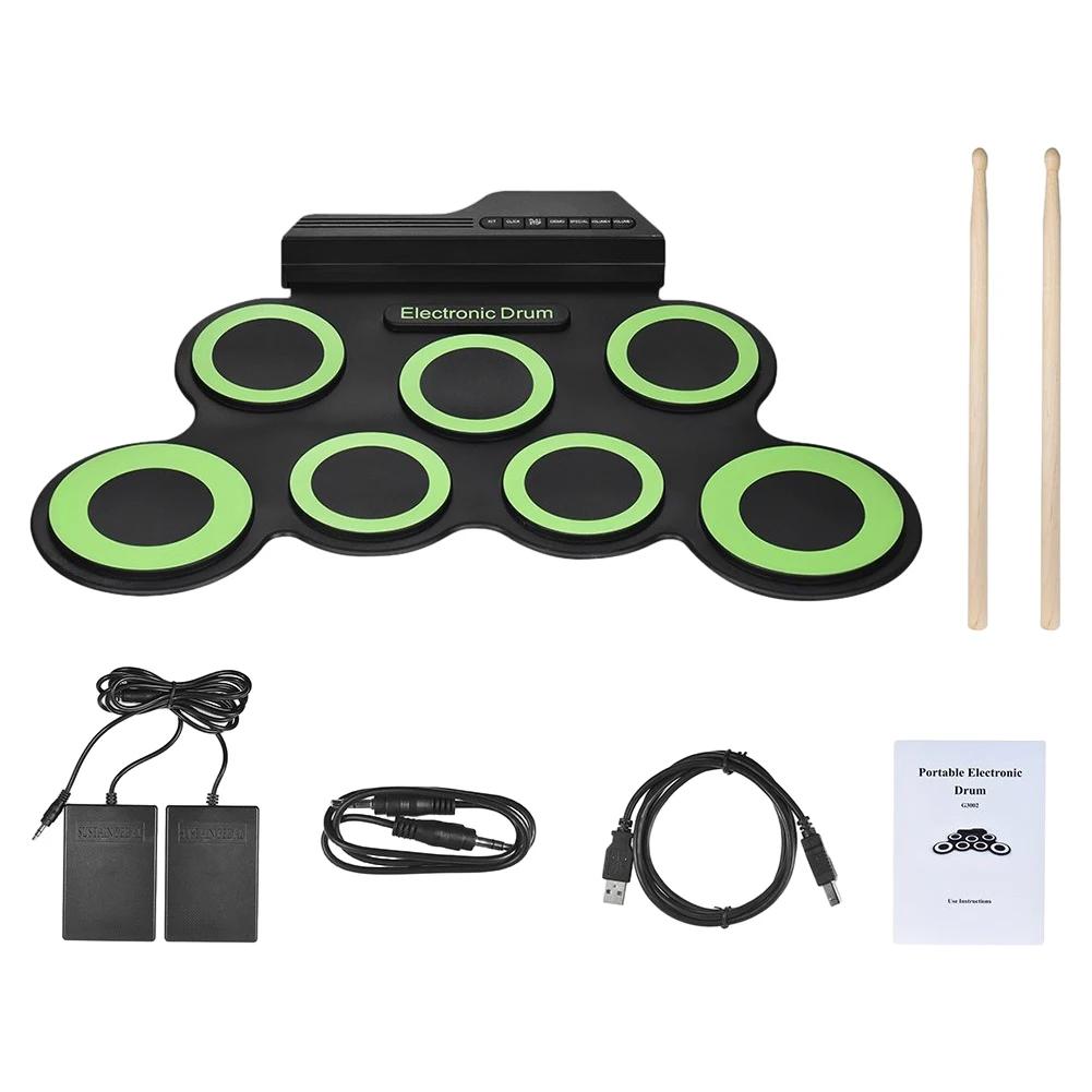 Bateria de Silicone portátil com baquetas e sustentar Pedal, rolo de mão, USB, dobrável, música, Pad, eletrônico, prática - Image 1