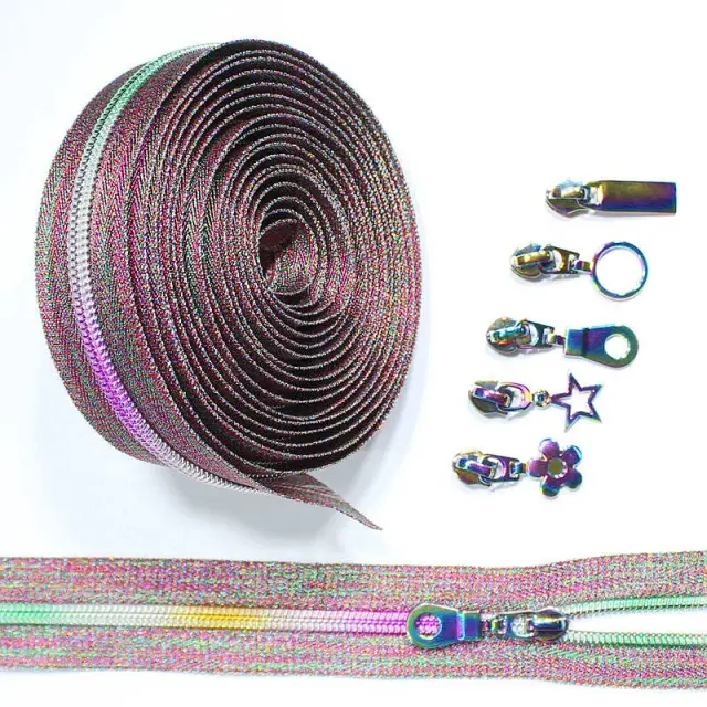 Fita de Zíper Arco-Íris 4 Jardas com 5 Puxadores e Dentes Coloridos de Náilon para Projetos DIY