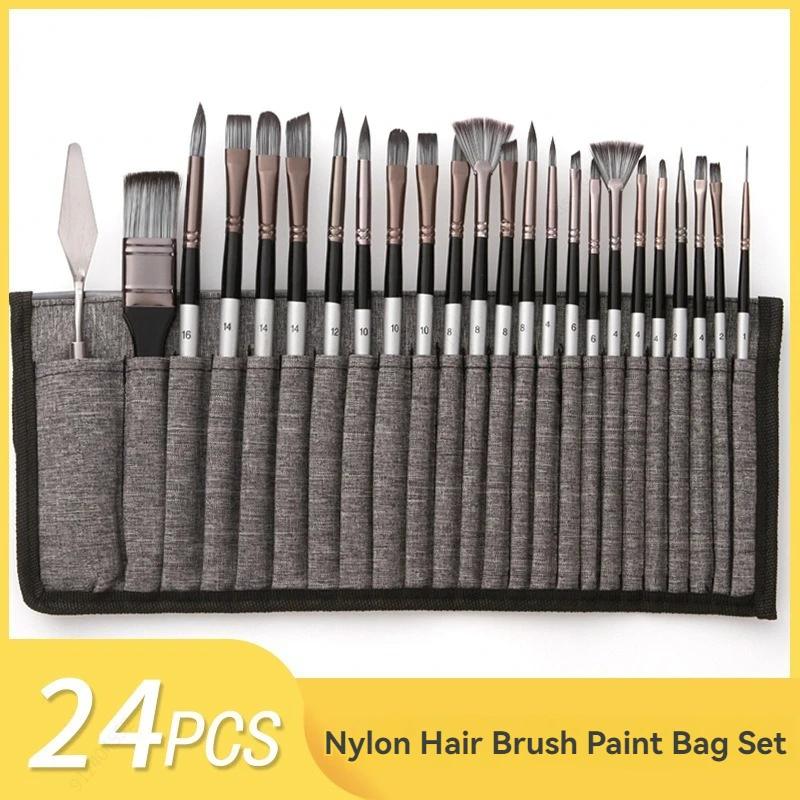 Conjunto Completo de Pincéis de Pintura Acrílica com Cabo de Madeira e Cerdas de Nylon - 24 Peças para Pintura a Óleo e DIY