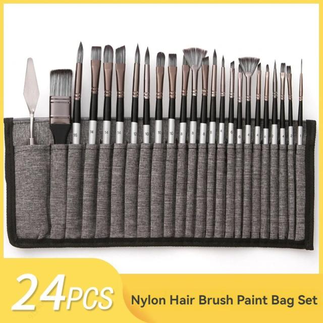 Conjunto Completo de Pincéis de Pintura Acrílica com Cabo de Madeira e Cerdas de Nylon - 24 Peças para Pintura a Óleo e DIY
