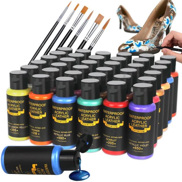 Kit de Tintas Acrílicas para Couro - 36 Cores Impermeáveis para Reparação e Artesanato em Sapatos e Bolsas