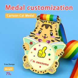 Gato dos desenhos animados medalha garoto medalhas de ouro vencedor medalhas de prêmio com fita crianças festa esporte jogo prêmios medalha de design gratuito impressão - Image 1