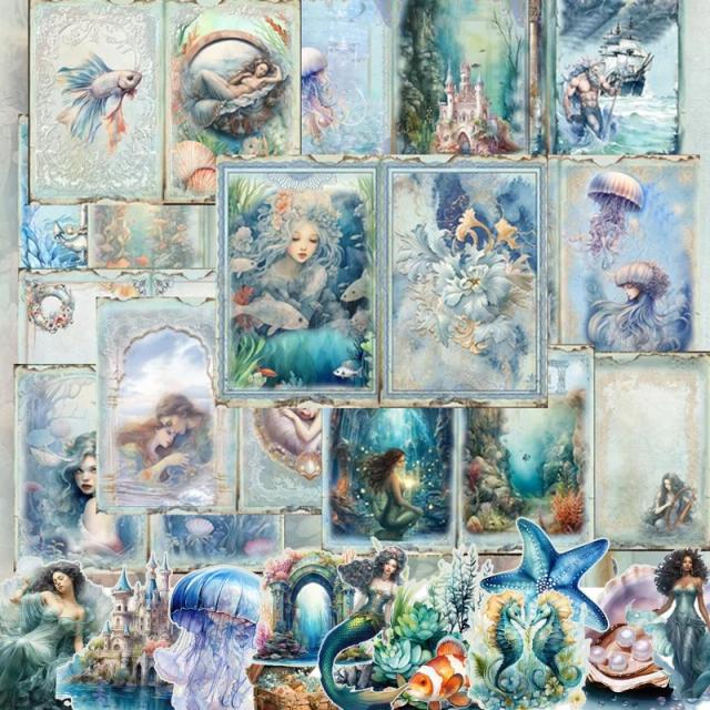Kit de 52 Peças de Papel de Fundo e Adesivos Cortáveis com Criaturas do Oceano para Scrapbook e Junk Journal