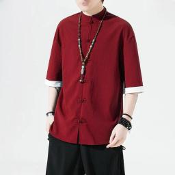 Camisa de linho masculina de verão botões manga de cinco pontos tang terno estilo antigo algodão linho hanfu zhongshan terno - Image 1