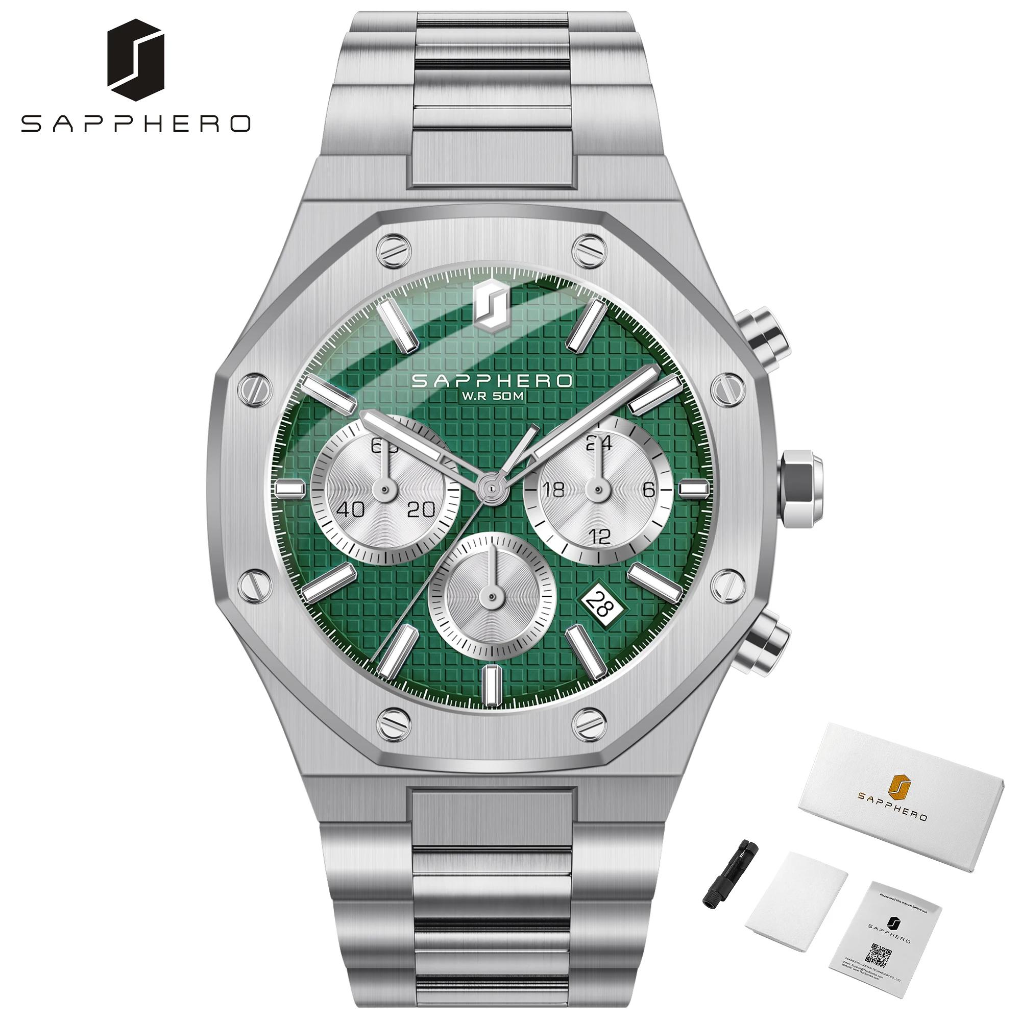 Sapphero relógio masculino à prova dwaterproof água função cronógrafo data brilhante mãos relógio de aço inoxidável relógio de negócios para presente masculino - Image 1