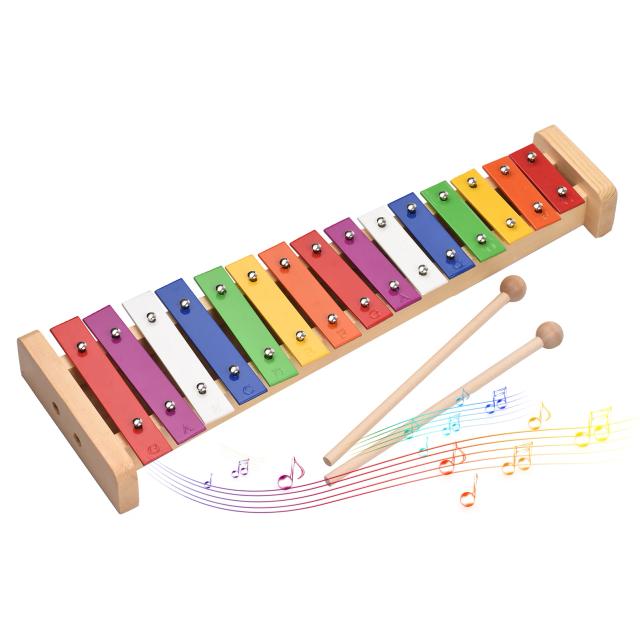 Glockenspiel Xilofone com Barras Coloridas de Alumínio e Base de Madeira - Instrumento Musical Educativo e Presente Ideal com 15 Notas