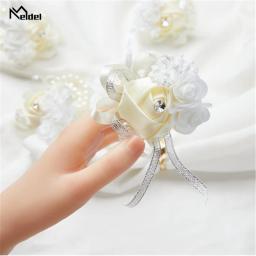 Conjunto de 6 corsagens de pulso rosa azul real flores para o casamento prom nupcial dama de honra menina mãe mulher rosa pulseira mão flores - Image 4