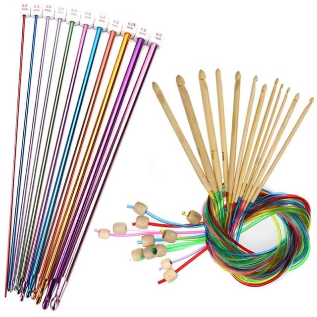 Conjunto Completo de Ganchos de Crochê Tunisiano e Agulhas de Bambu com Grânulos Carbonizados - 23 Peças para Criatividade em Tricô e Crochê