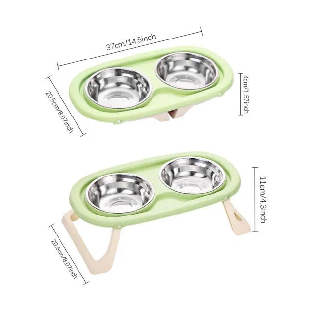 Tigela Dupla para Água e Comida com Suporte Inclinado para Gatos - Alimentador Prático com Bandeja para Carne e Fonte de Água