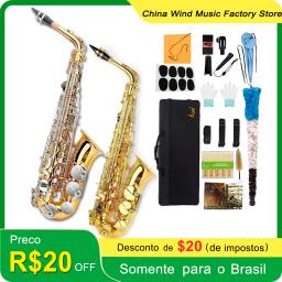 Alta qualidade eb alto saxofone latão lacado ouro e plana sax instrumento de sopro musical com caso bocal acessórios - Image 1