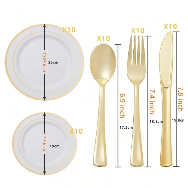 Conjunto Luxuoso de Louça Dourada para Festas e Casamentos com 10 Pratos, 10 Colheres, 10 Garfos e 10 Copos de Plástico