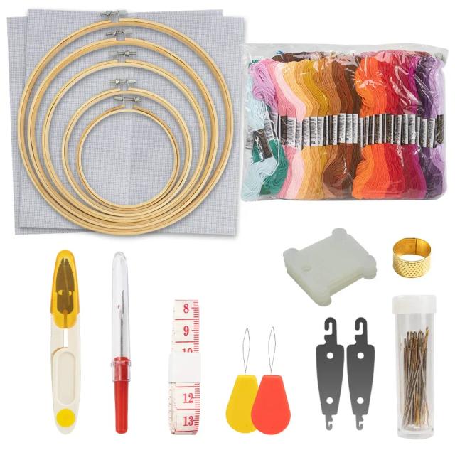 Kit Completo de Artesanato em Bambu com Aros, Tesouras, Agulhas, Fios e Panos para Iniciantes e Apaixonados por Bordado.