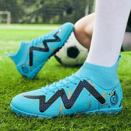 Sapatos de futebol profissional para adolescentes, botas de futebol masculinas, tênis azul de cano alto, tênis antiderrapante de futsal, TF, FG, tamanho 33-46 - Image 2