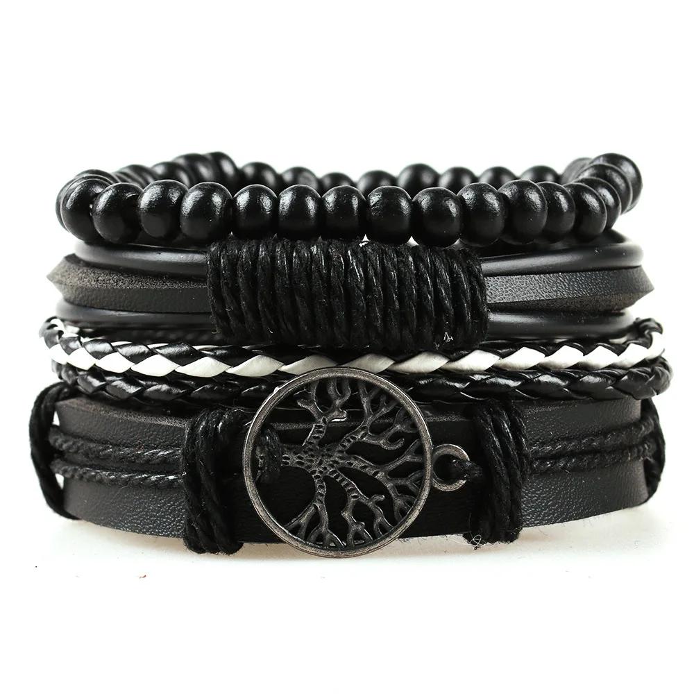 Bracelete de couro Tree of Life, acessórios masculinos para ligas, 4 combinações, miçangas de madeira, ornamento tecido à mão - Image 1