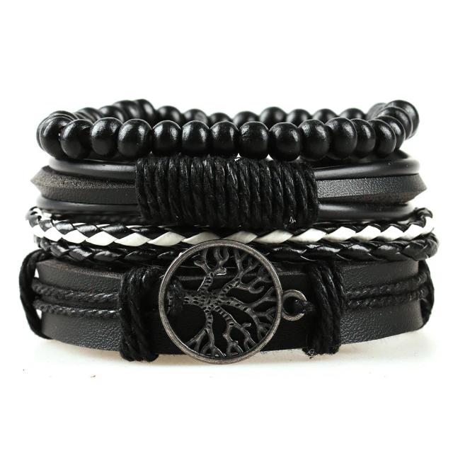 Bracelete Masculino de Couro com Árvore da Vida, 4 Combinações em Miçangas de Madeira e Artesanato em Tecido