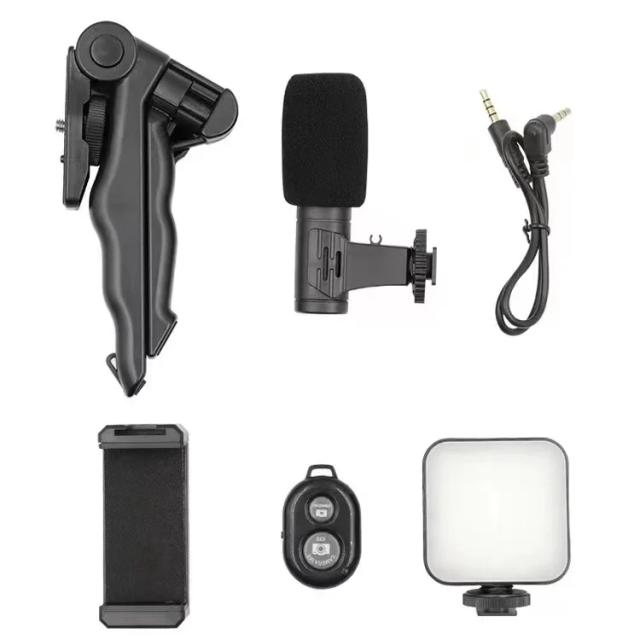 Kit Vlogging Portátil ST49R com Tripé, Microfone e Luz LED para Smartphone e Câmera