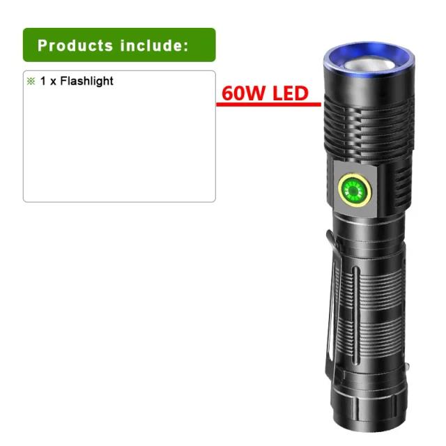 Lanterna LED Recarregável Tipo C com Luz Forte e Tiro Longo - Tocha Tática Super Brilhante com Zoom e Atração Magnética 18650