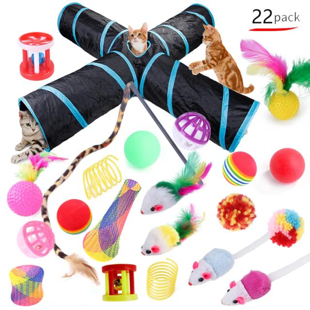 Brinquedos Interativos para Gatos - Conjunto Engraçado com Rato de Sisal, Bola com Sino, Túnel e Mais - 22 Peças Diversão Garantida