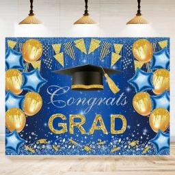 Azul e Ouro Graduação Fotografia Backdrop, Parabéns Grad Class, Prom Party Supplies, Cartaz de fundo, Decoração, Menino, Menina - Image 1