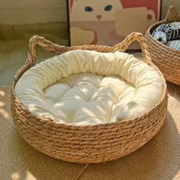 Handmade Rattan Woven Cat Litter, Tapete Removível, Lavável, Prático, Manter Quente, Especial, Pet Store, Acessórios, 4 Estações - Image 1