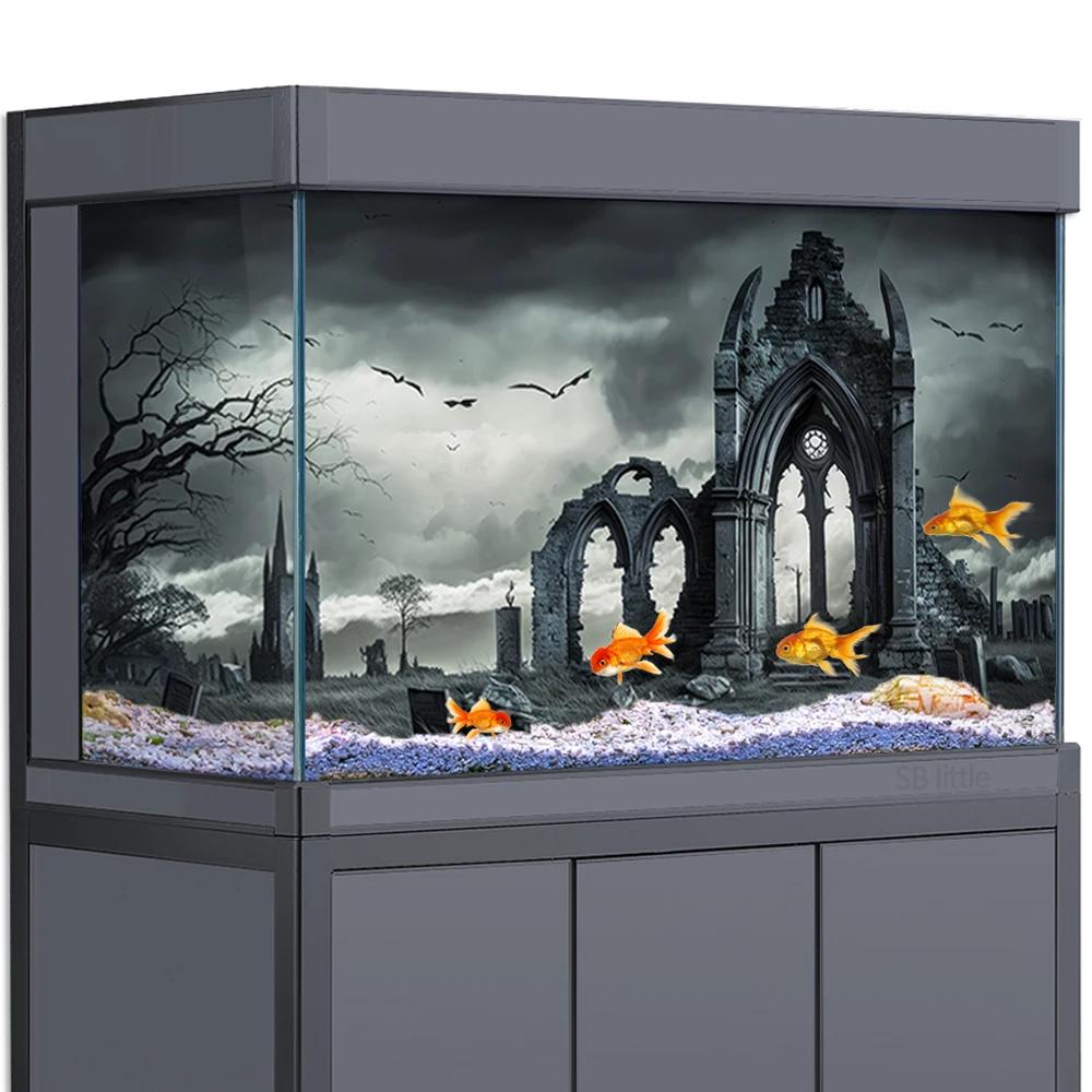 Decoração da etiqueta do fundo do aquário para tanques de peixes, ruínas góticas escuro hd 3d cartaz auto-adesivo à prova dwaterproof água - Image 1